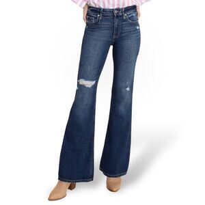 Maurices Edgely Relaxed Flare Jeans Super High Rise Dark Wash Distressed